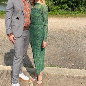 & Other Stories Long Sleeve Green Mesh Crinkle Midi Dress with Belt and Slip